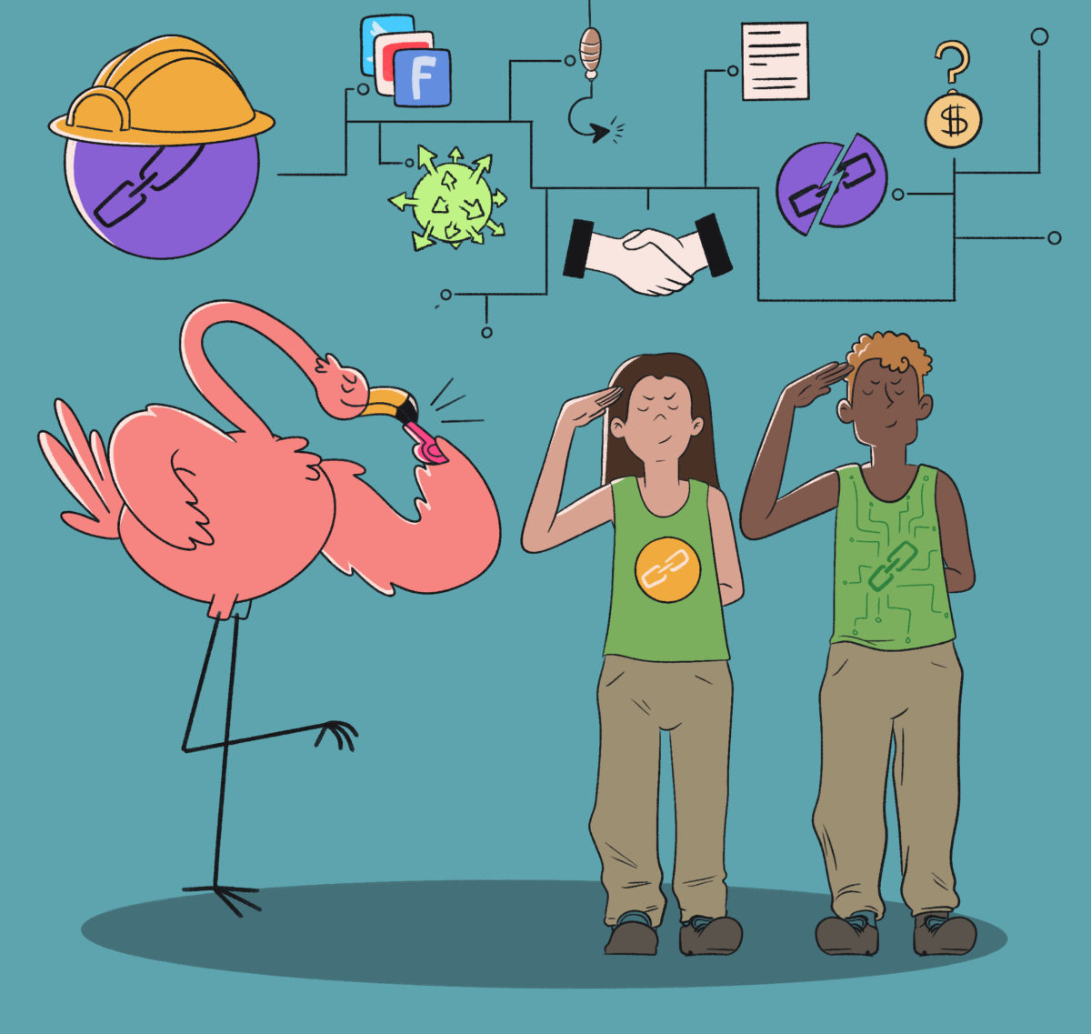 Two people appear perplexed by a pink flamingo balancing a stack of random objects on its beak, with symbolic icons depicting various business and social media concepts floating in the background.