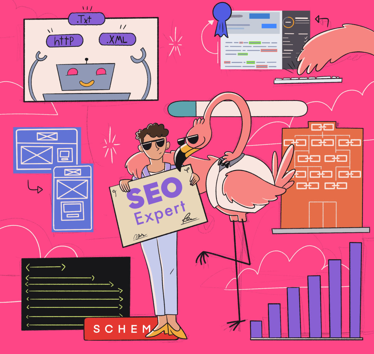An illustration representing various aspects of seo with a character holding a sign that says "seo expert" and symbols depicting website development and analytics.