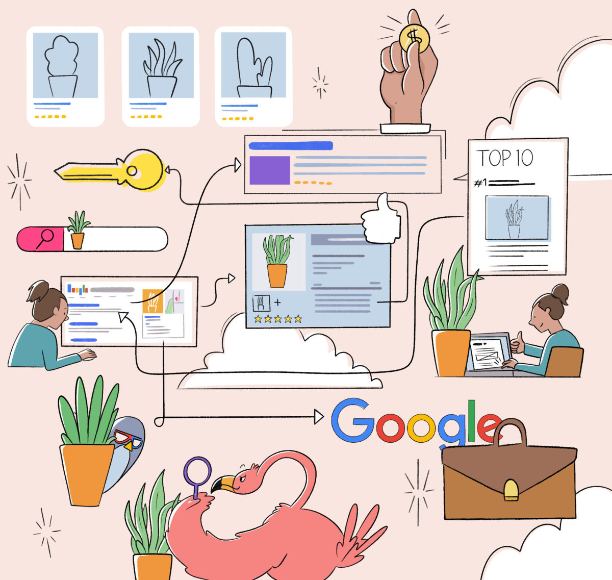 Illustration of people using google search on various devices surrounded by houseplants and whimsical elements.