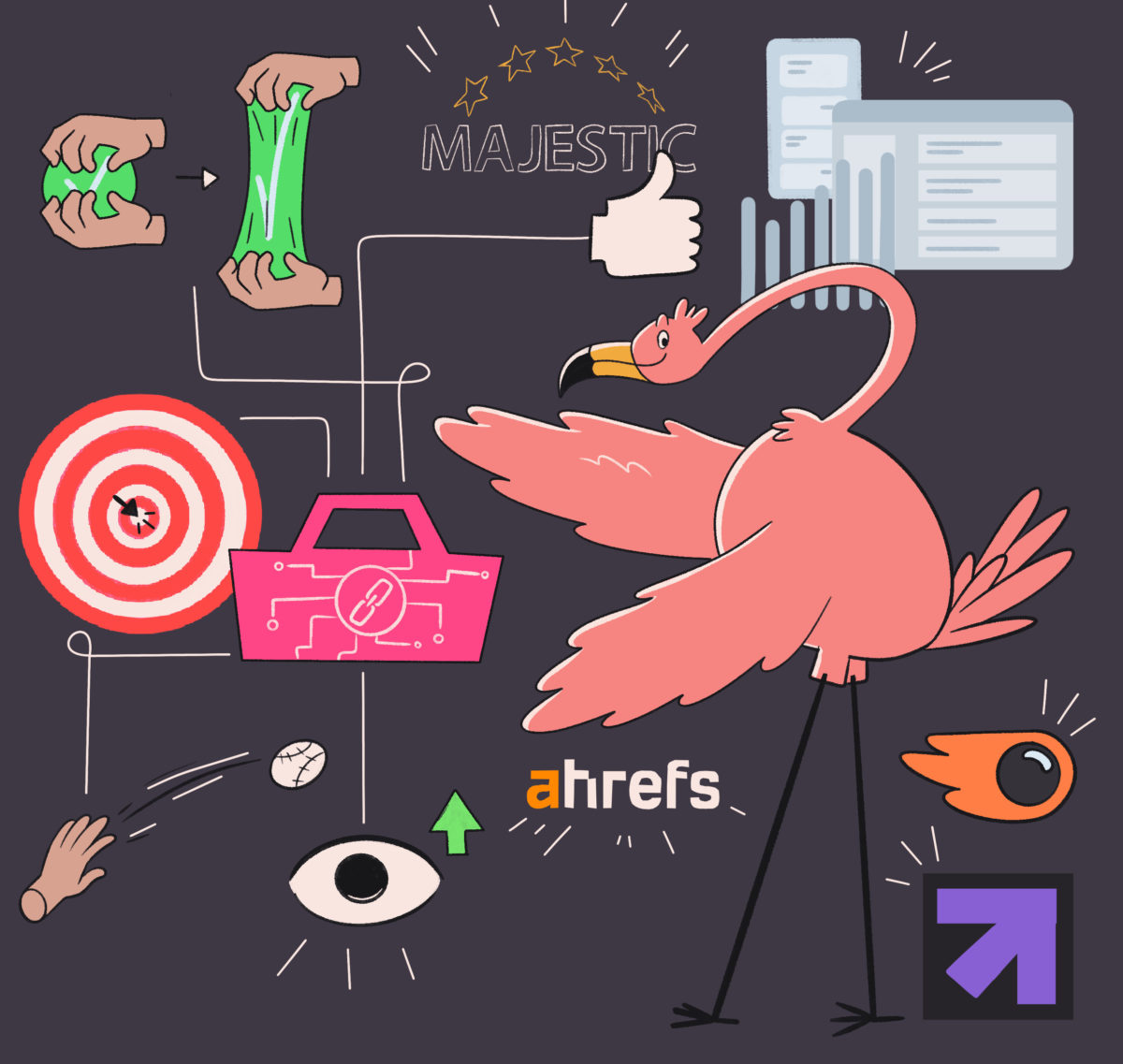 An illustration featuring a collage of assorted icons and elements, such as a flamingo, a target, tree hands, an eyeball, and various logos, sparking a whimsical or conceptual vibe.