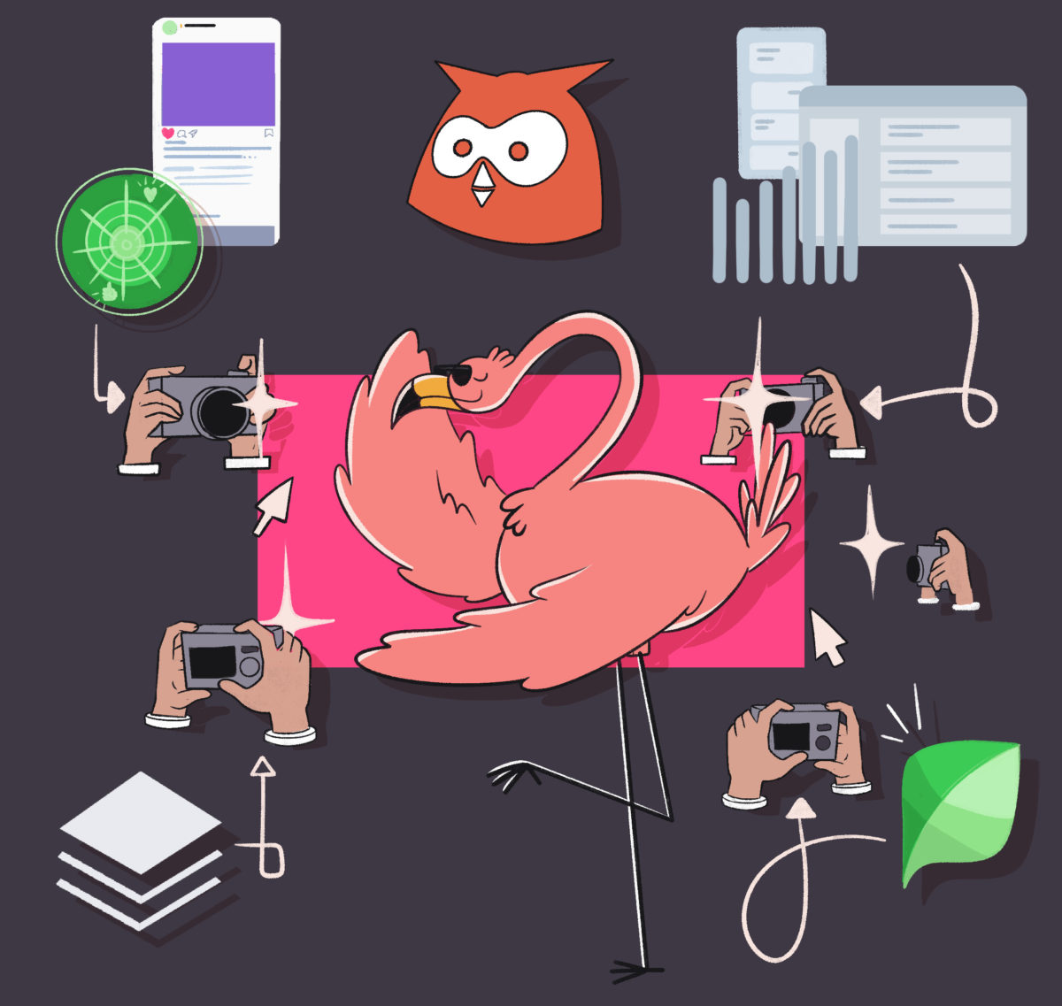 Illustration of various design and creative process elements with an owl icon and a central flamingo being photographed from multiple angles.