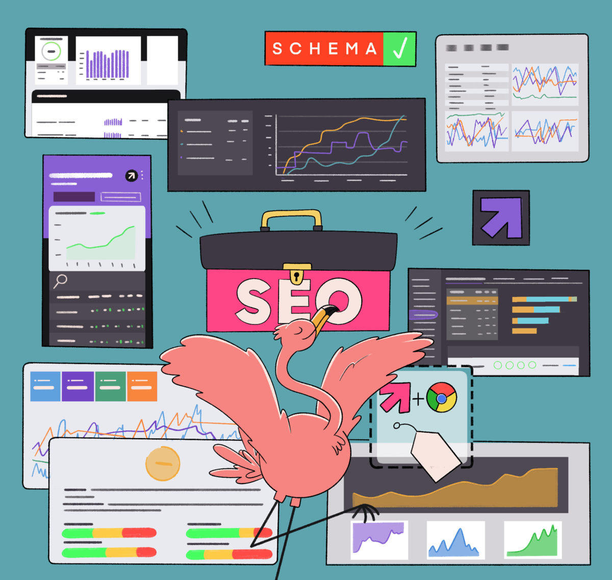 Graphic illustration of various seo and analytics tools and charts with a central metaphorical flamingo representing search optimization amidst digital marketing elements.