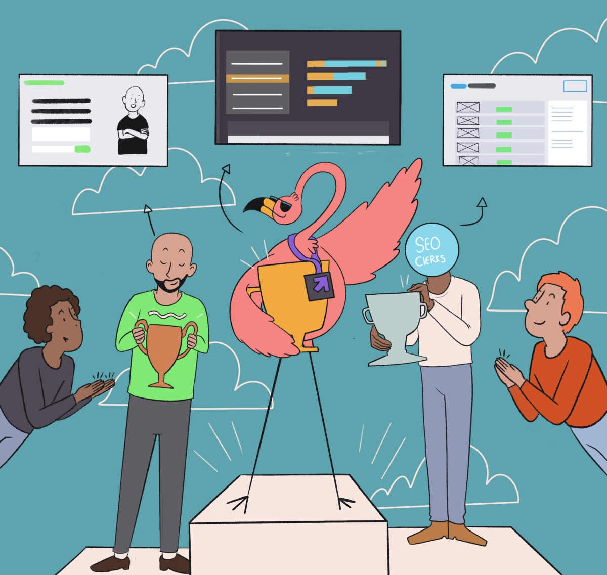 A colorful illustration of four people celebrating an accomplishment with a flamingo mascot standing on a winner's podium, surrounded by symbols of business success and strategy.