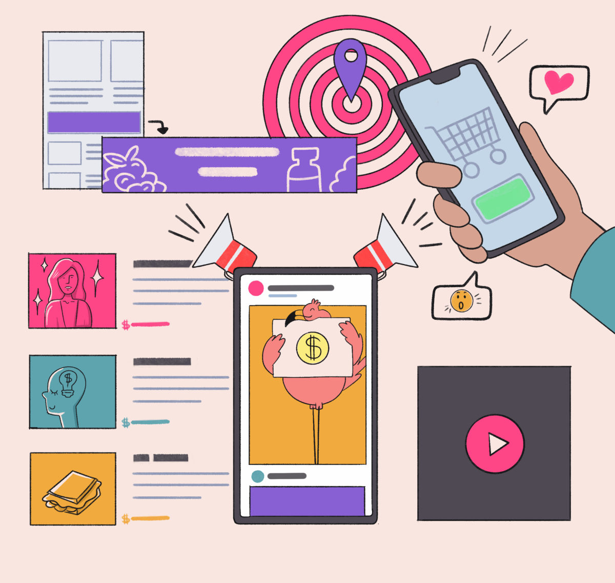 Illustration of a hand holding a smartphone with financial savings content, surrounded by various icons representing digital activities like online shopping, video streaming, and social media engagement.