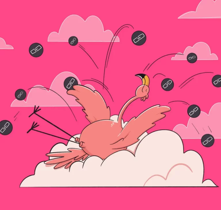 A cartoon bird frantically dodges arrows while lying on a cloud against a pink background.