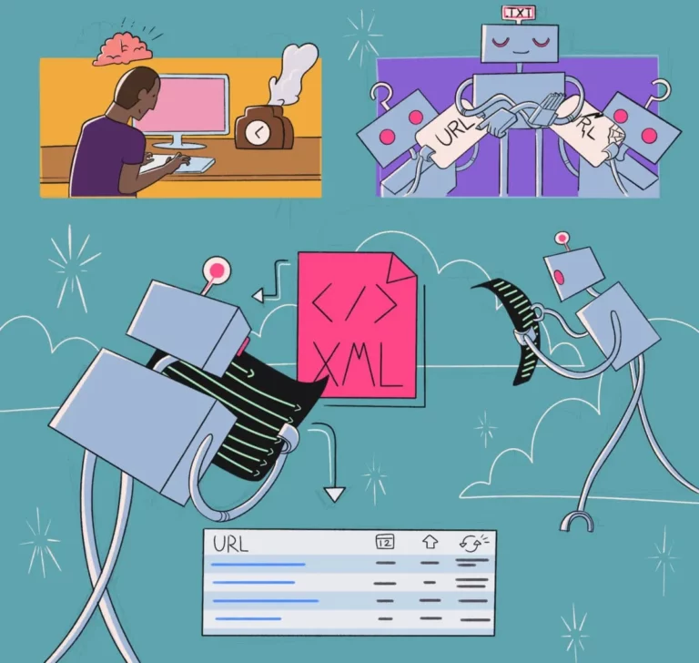 Illustration depicting the concept of web development, with a person coding at a desk, and various robotic arms representing different aspects of web technology like html, urls, and data transfer.