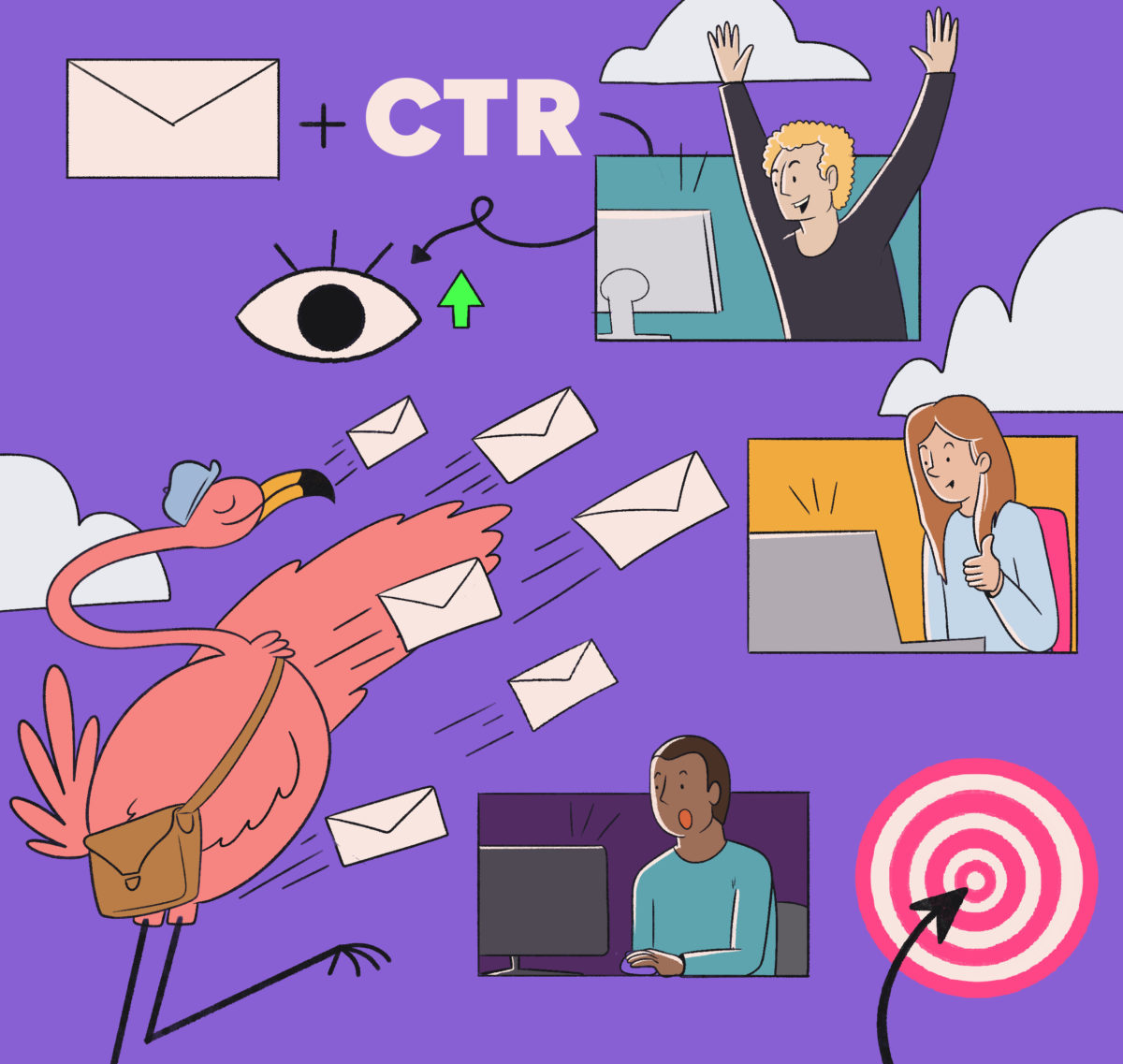 An illustrated collage depicting various elements of digital communication and online interaction, including emails, an enthusiastic person at a computer, another person on a phone call, and symbols like an eye and a click-through rate (ctr) arrow.