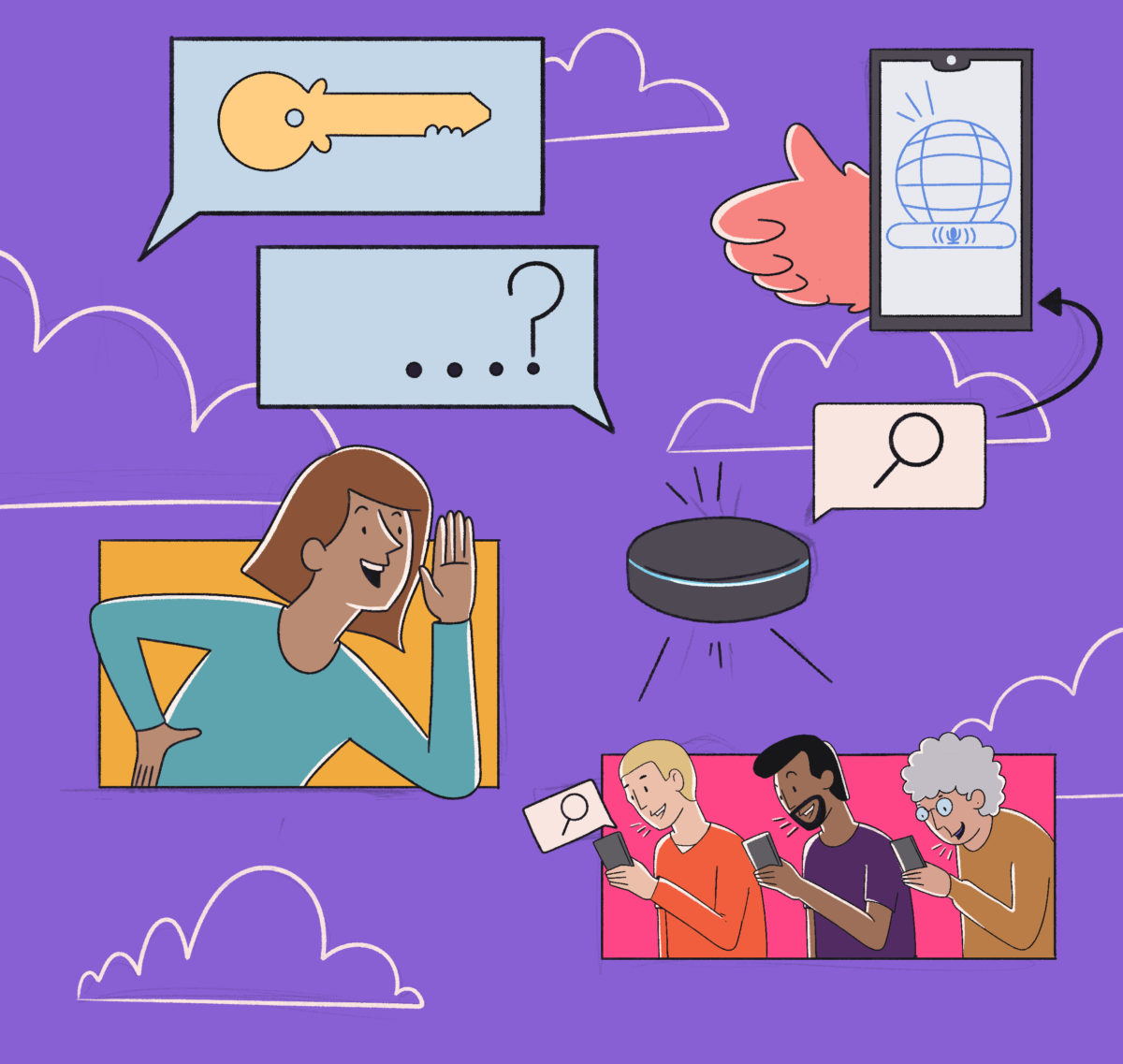 Illustration of different people engaging with various communication methods and technology, symbolizing online interaction and information exchange.