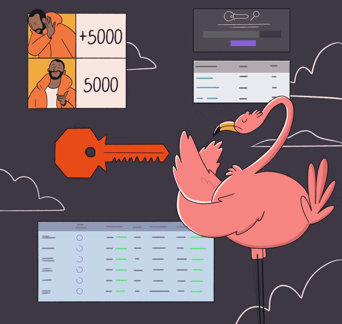A stylized illustration featuring various elements: a person in two panels making hand gestures, a large key, a flamingo balancing on one leg, and abstract representations of digital interfaces and data.