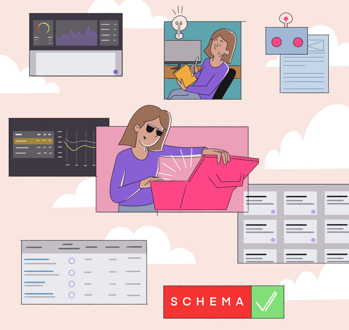 A person surrounded by various graphical interfaces representing data management and organizational tasks, with a focus on schema validation.