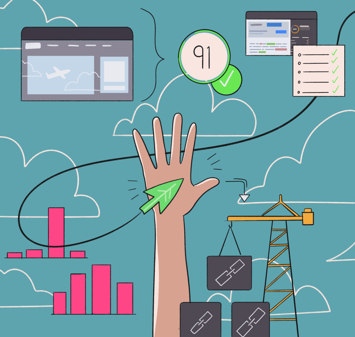 An illustration of a hand interacting with various business and technology elements, symbolizing connectivity and multitasking in a digital environment.