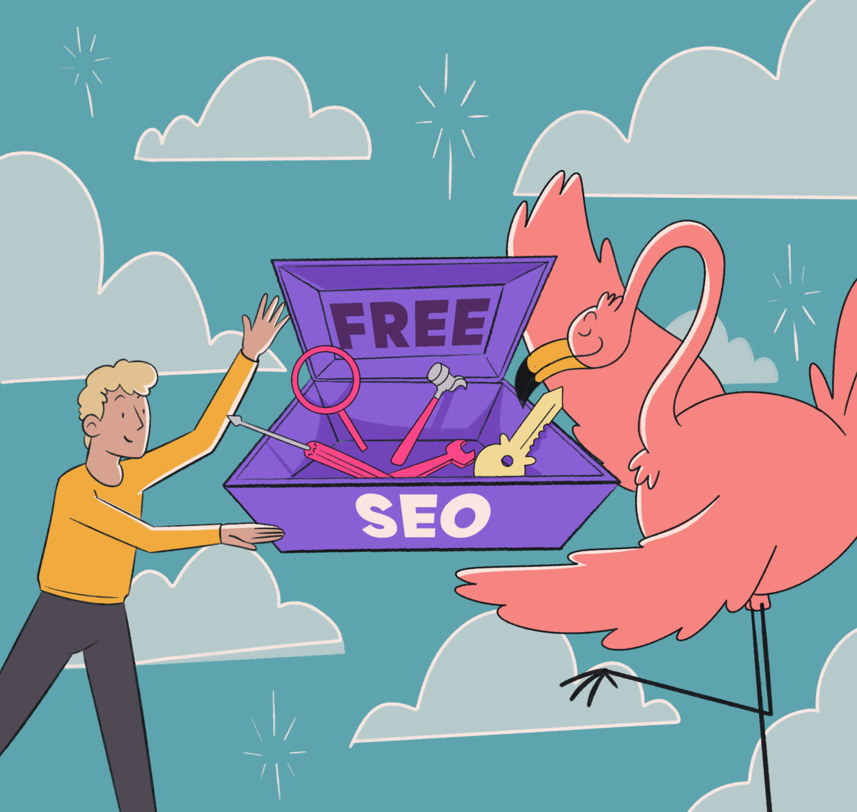 Man presenting a treasure chest labeled 'free seo' with tools inside, as a flamingo examines it.