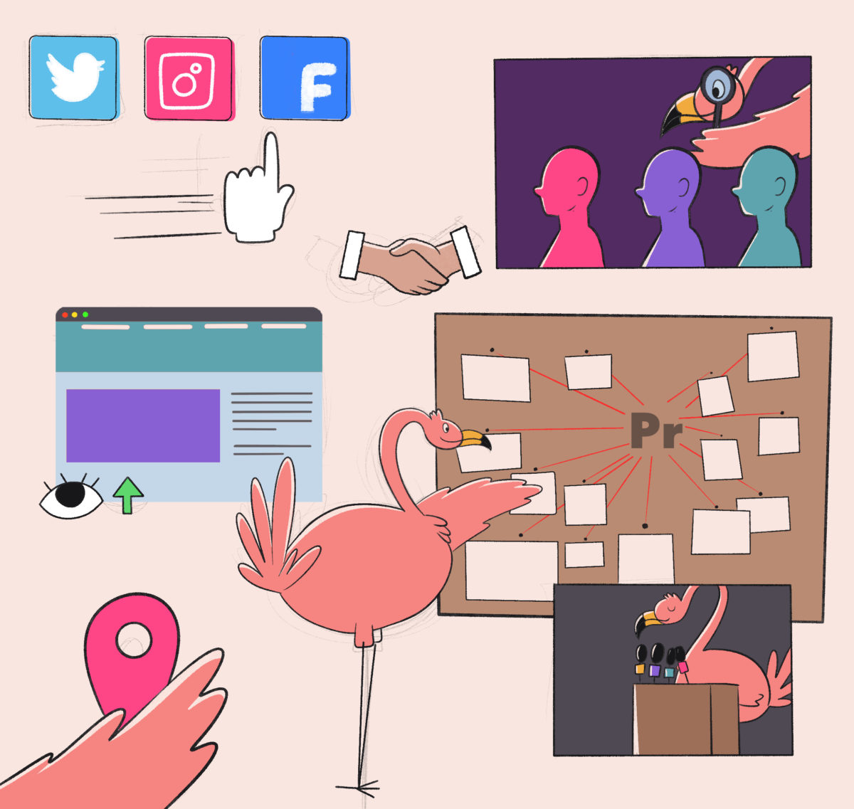 Illustration of social media icons, a web browser, collaborative work symbols, a flamingo, and a presentation board, representing digital and creative work concepts.