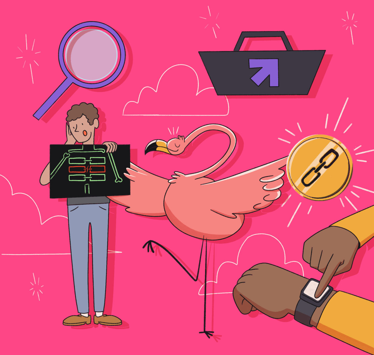 Illustration of various objects and a person against a pink background, including a briefcase with an arrow, a magnifying glass, a flamingo, a link chain, and a person holding a clipboard.