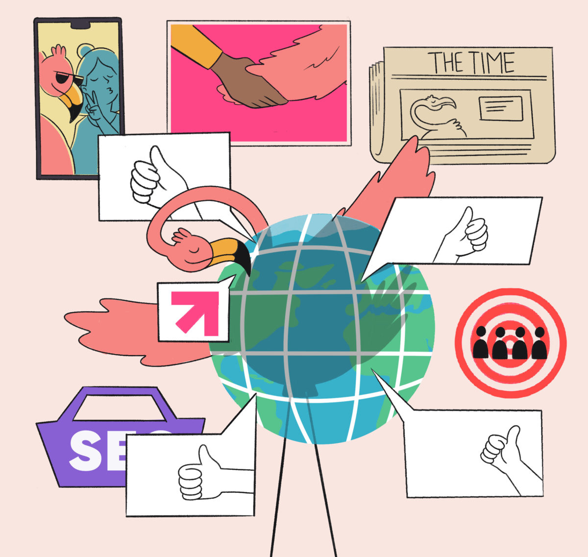 An illustrated representation of various social activities and media surrounding a stylized globe, symbolizing global communication and interaction.