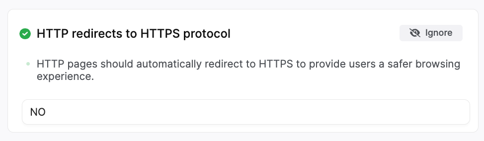 screenshot of a compliant HTTPS redirect in the Search Atlas site auditor