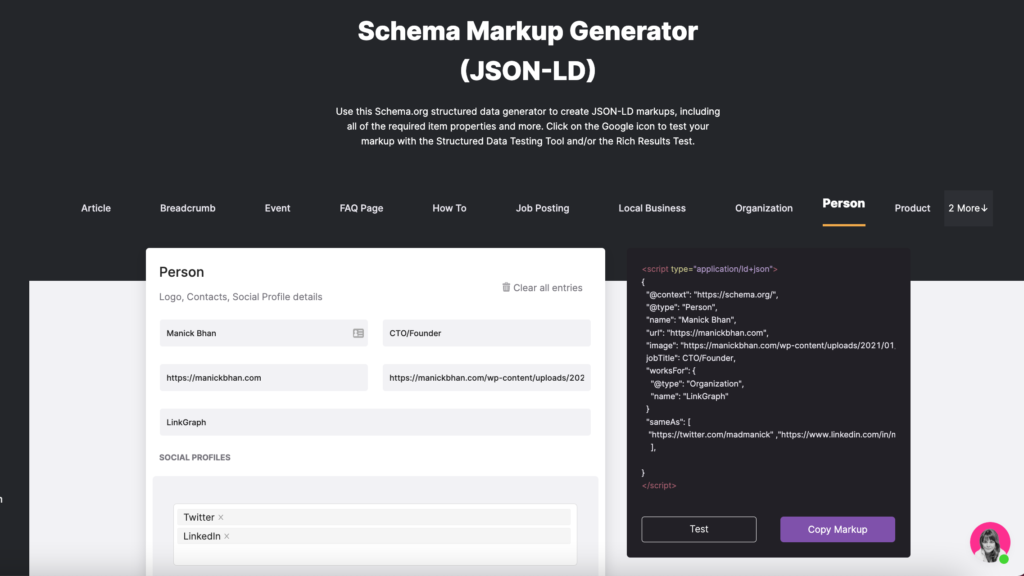 screenshot of a schema generator tool
