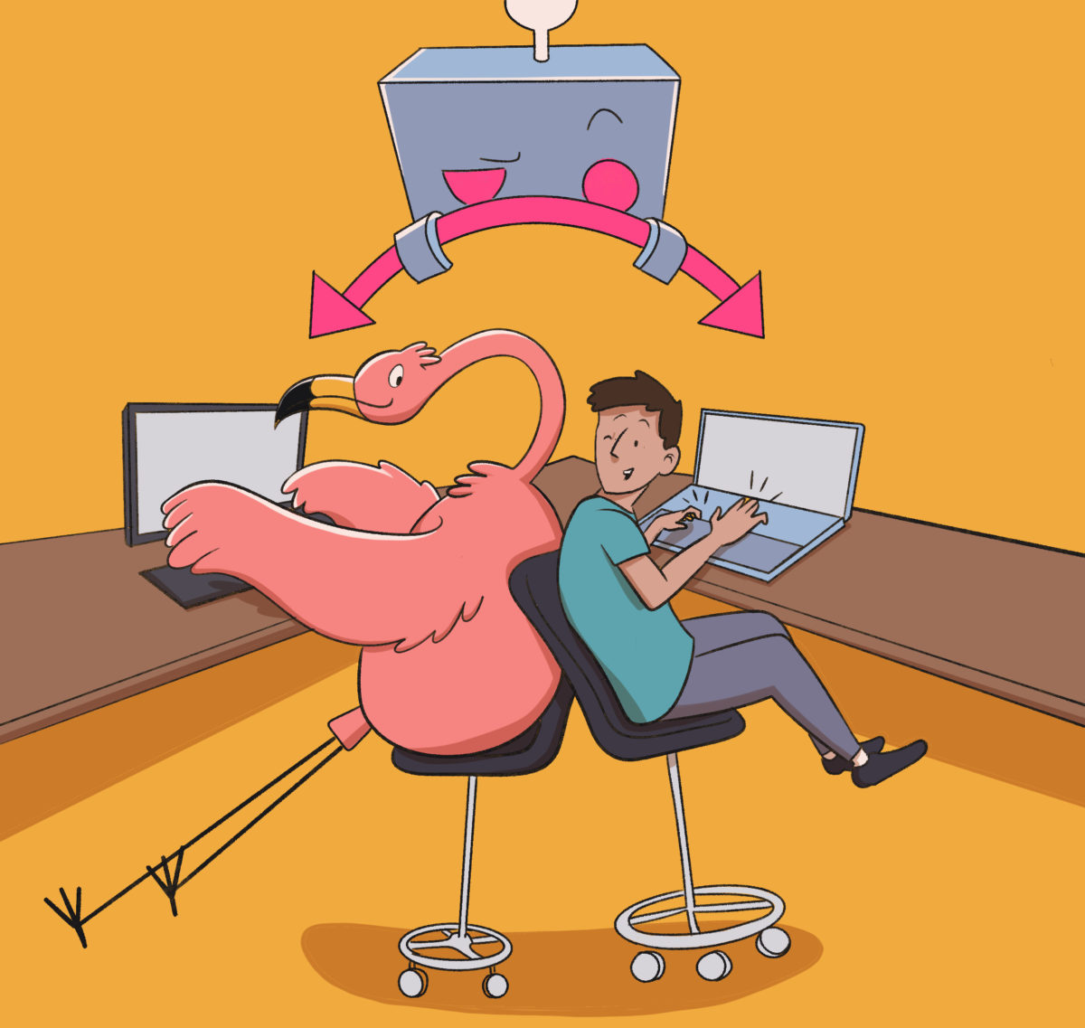 Two animated characters engaged in a tug of war with an oversized magnet over a computer, possibly symbolizing a struggle for attention or resources.