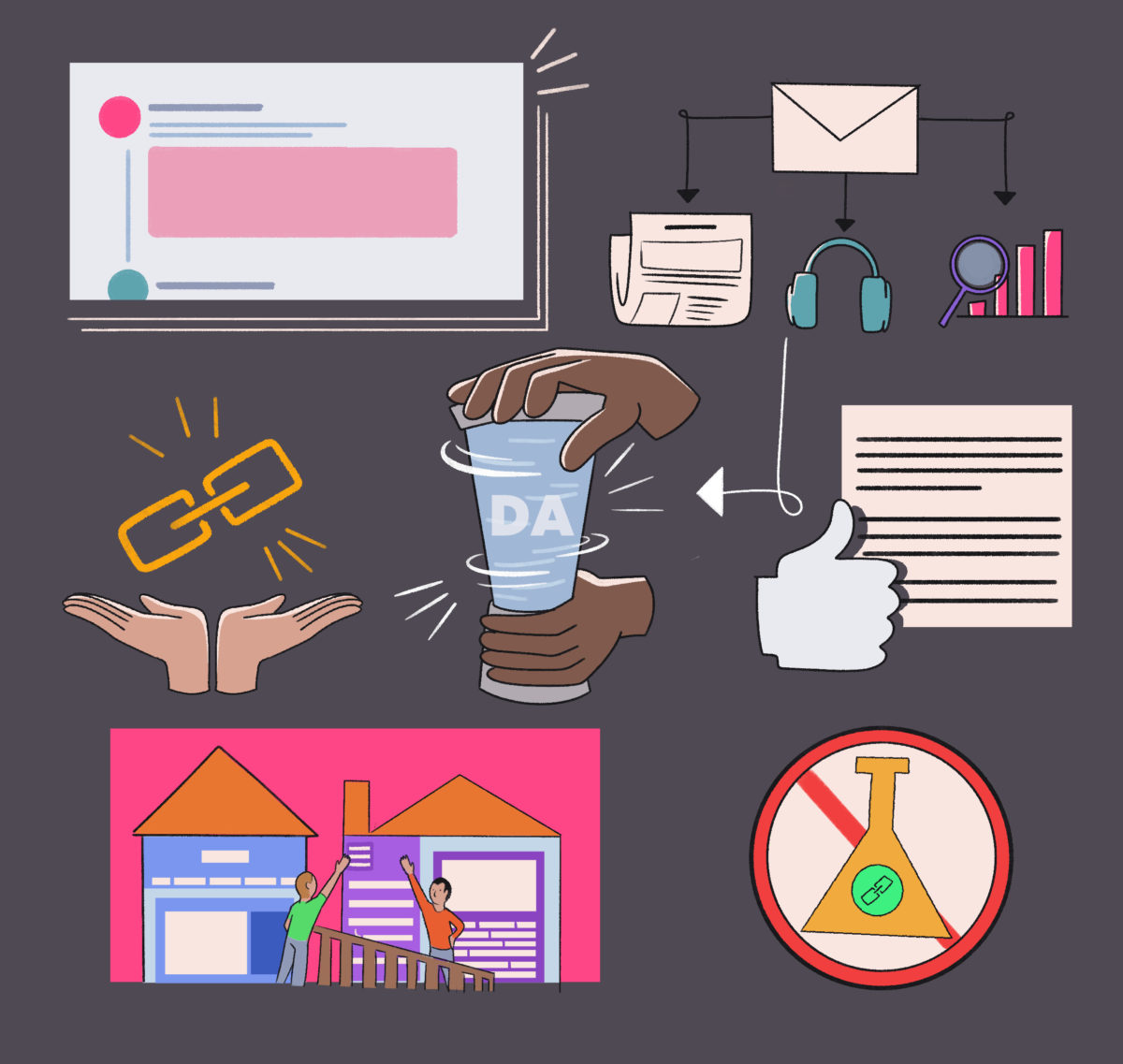 Illustration of various icons representing digital communication, data exchange, online approval, music and podcast listening, home construction, and scientific research.