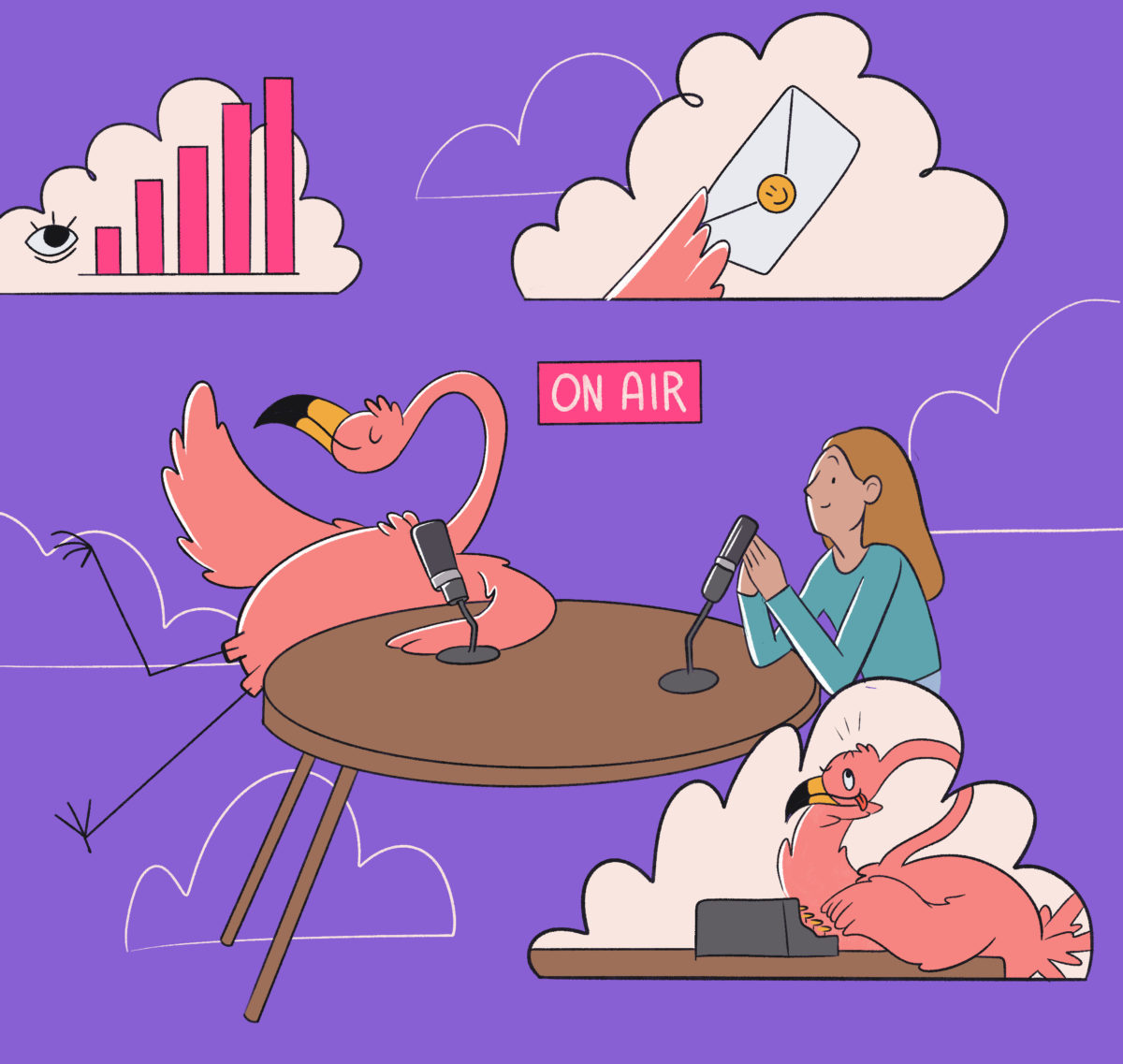 A cartoon of a woman recording a podcast with a flamingo resting on the table, while various whimsical elements, such as floating charts and a hand holding a phone, surround them.