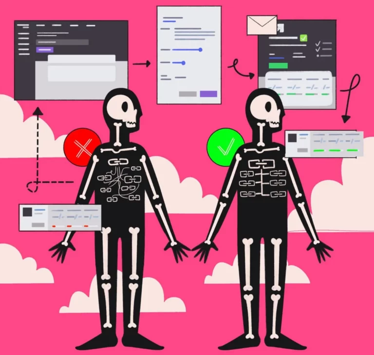 Two humanoid figures composed of puzzle pieces stand before a backdrop of computer interface elements, representing a concept of collaboration and problem-solving in a digital environment.