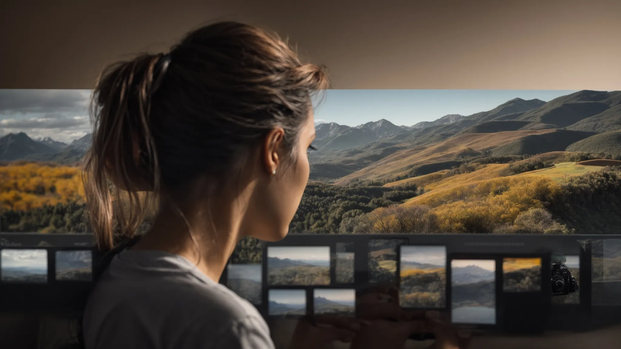 a photographer reviews images on her camera display against a backdrop of scenic landscape, contemplating keyword tagging for better search engine visibility.