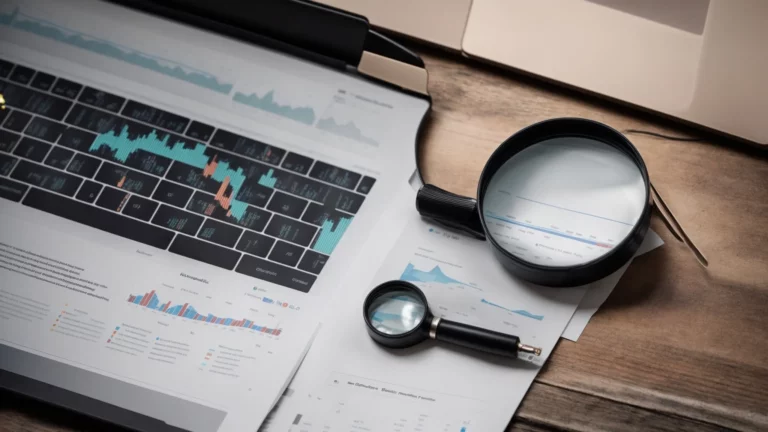 a laptop displaying analytics graphs on its screen alongside a magnifying glass resting on a printed seo report.