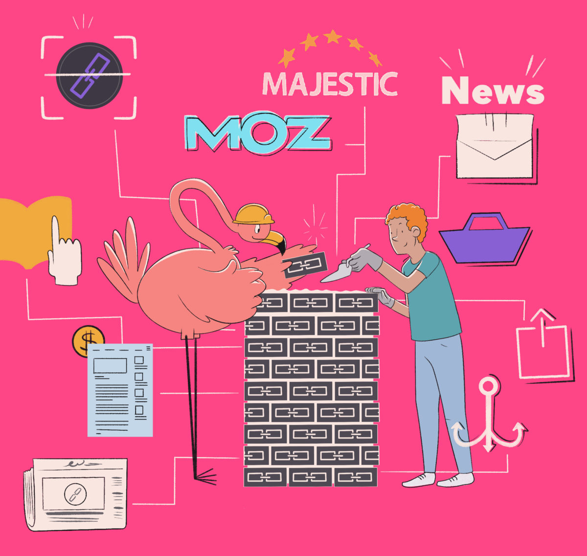 A colorful illustration featuring a person interacting with a flamingo in front of a brick wall, surrounded by various digital and seo-related icons, with the words "majestic," "moz," and "news" prominently displayed.