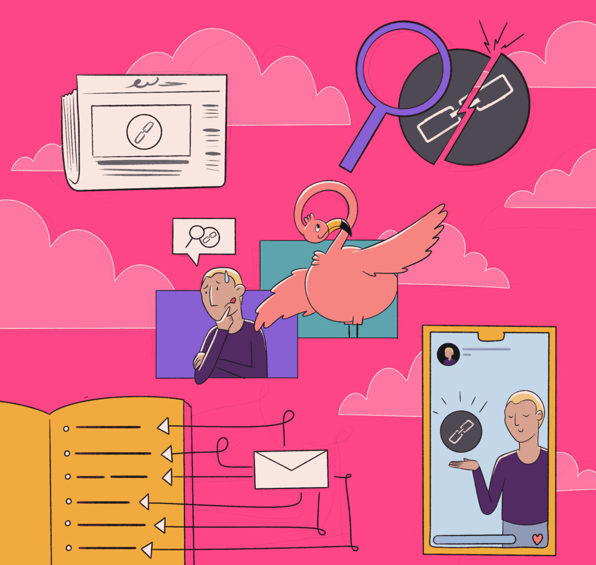 Illustration of various communication and information symbols, including a newspaper, magnifying glass, scissor cutting a cord, a person thinking, a bird delivering a message, an envelope, and a smartphone displaying a person speaking.