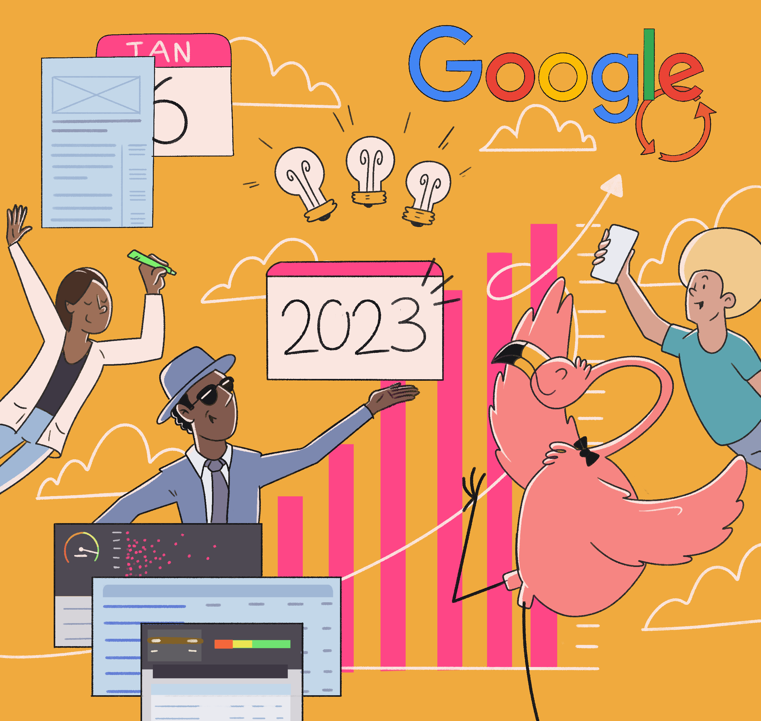 A cartoon illustration of a group of people and a flamingo, perfect for an SEO strategy.