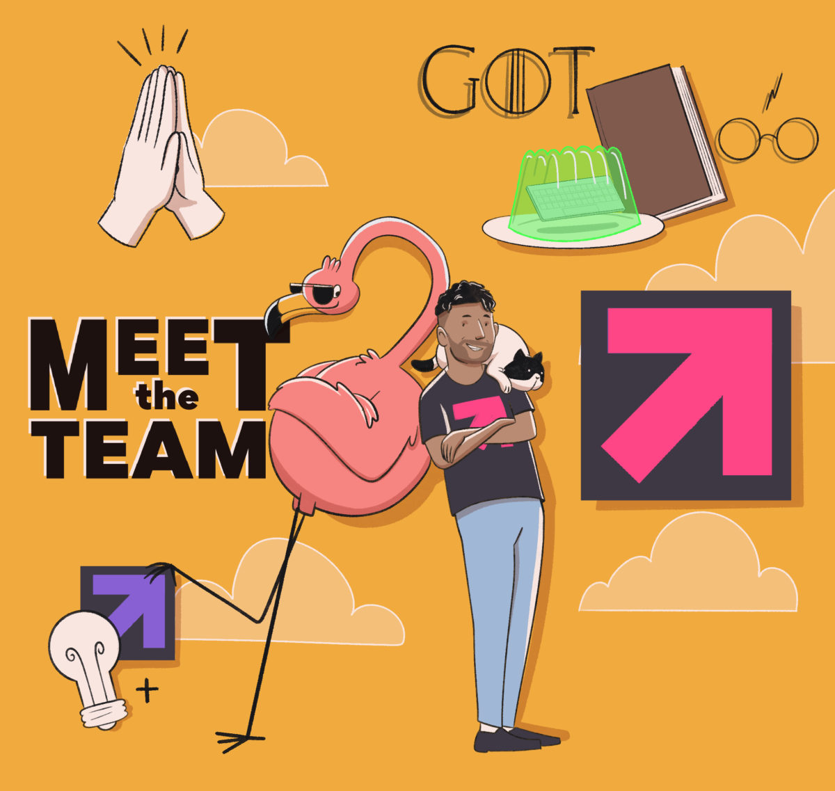 Illustration of a man with a cat standing next to a flamingo, surrounded by various icons including a high-five, a book, a cake, and creative symbols, against a yellow background with the text "meet the team.