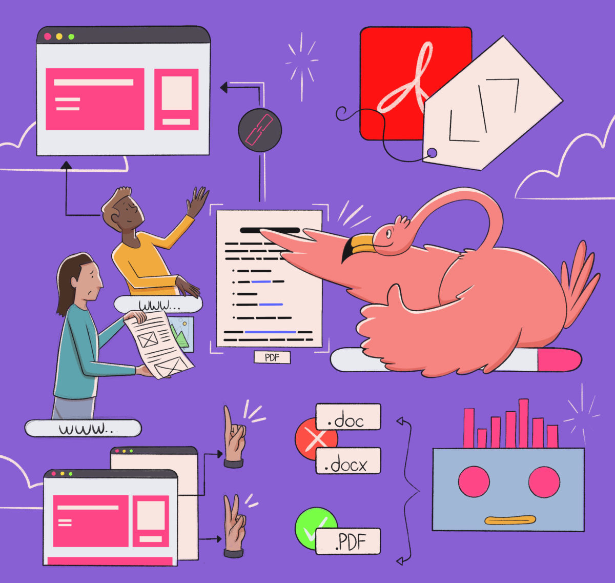 An illustration featuring people and a flamingo interacting with various document-related icons, highlighting different file formats and web design elements.