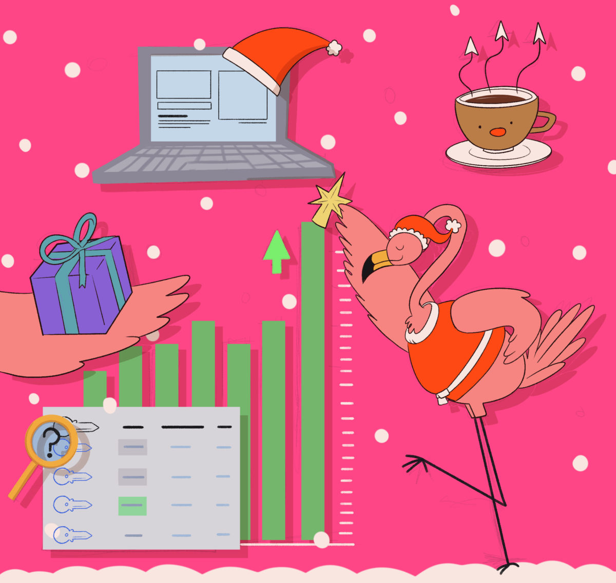 Illustration of a whimsical holiday-themed concept with a flamingo in a santa hat, festive elements, and symbols representing productivity and technology.
