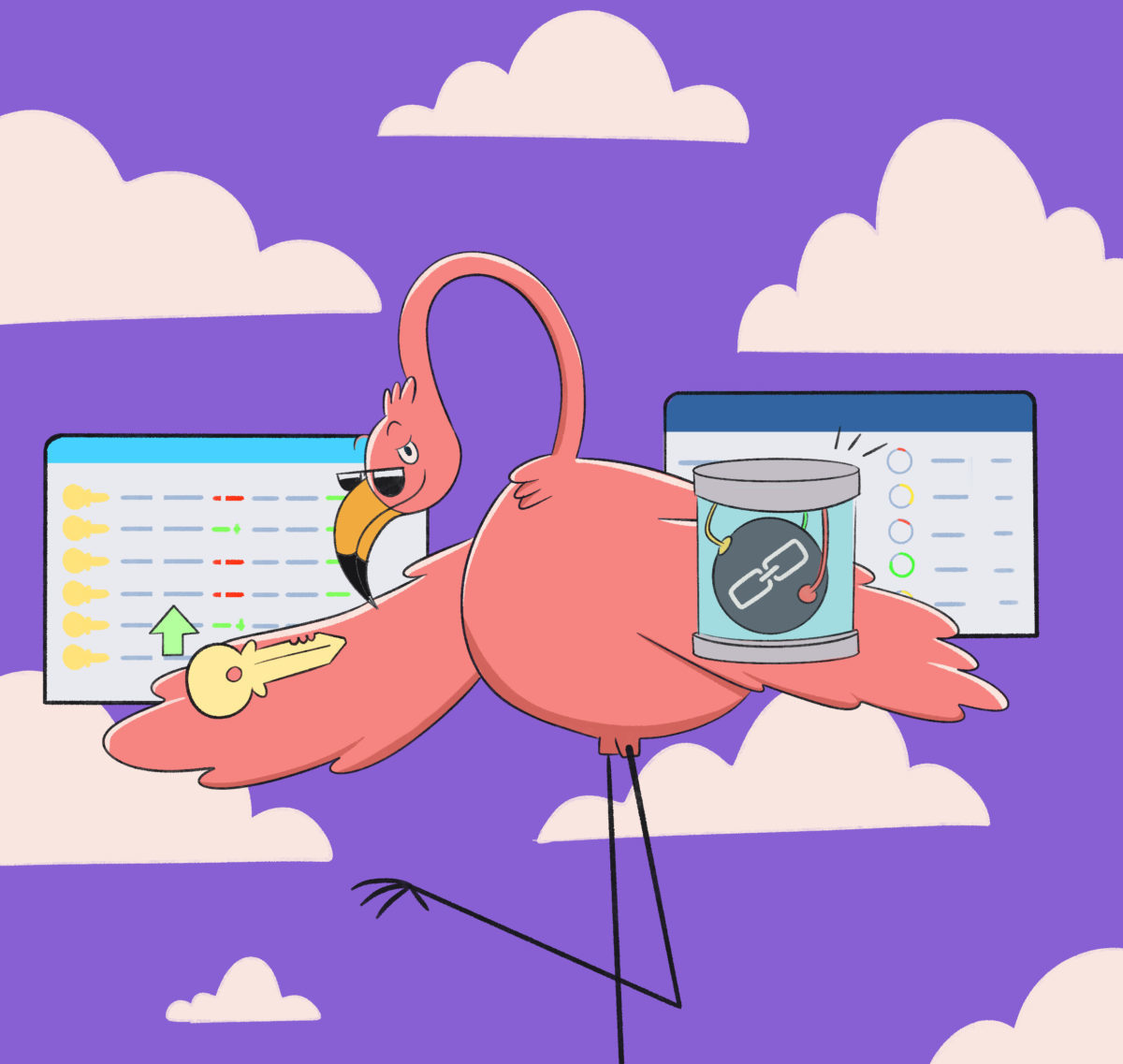 A cartoon illustration of a flamingo typing on a computer keyboard with a can of sardines besides it, set against a cloud-filled sky background.