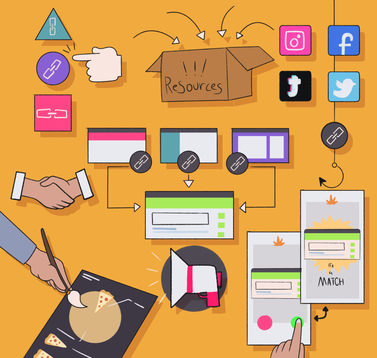 An illustration of a content creation and social media management concept with various platforms and multimedia elements.