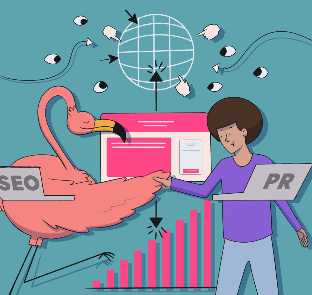 A person working on a laptop with seo and pr labels amidst whimsical elements like a flamingo, flying envelopes, and a disco ball, representing digital marketing concepts.
