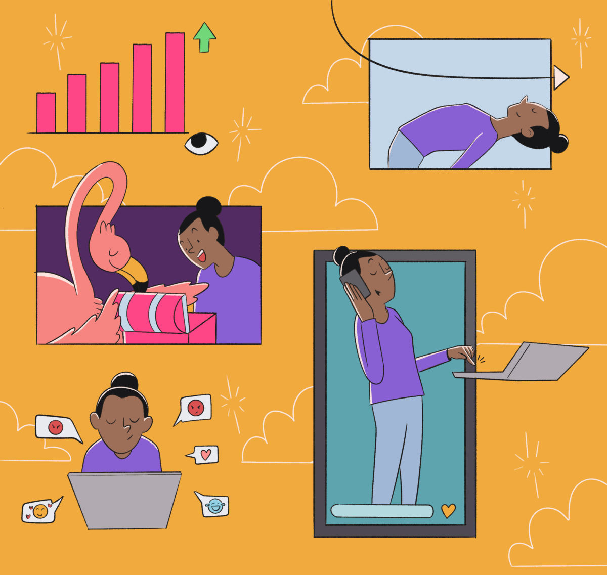 Illustration depicting various aspects of daily life: exercising, working on a laptop, sleeping, and looking out of a window, with background elements indicating digital connectivity and personal growth.