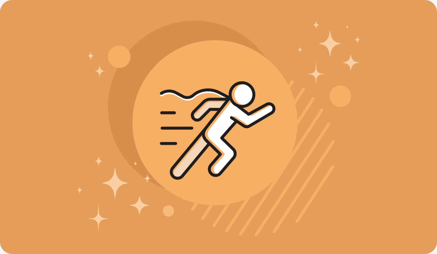 An orange background with a running man icon.
