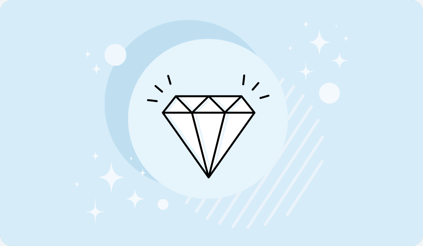 A diamond icon on a blue background sparkles brightly.
