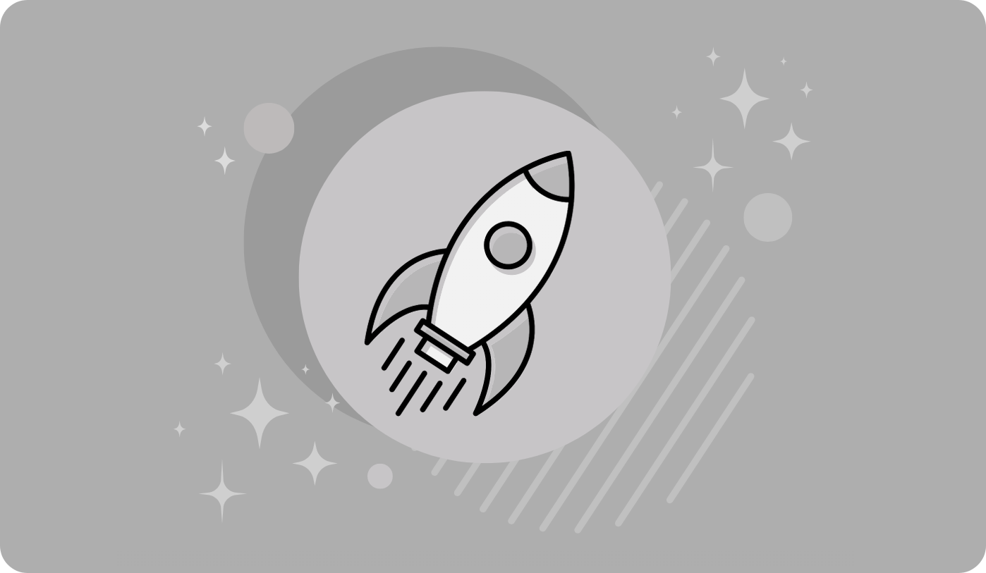 A rocket icon in black and white on a gray background.