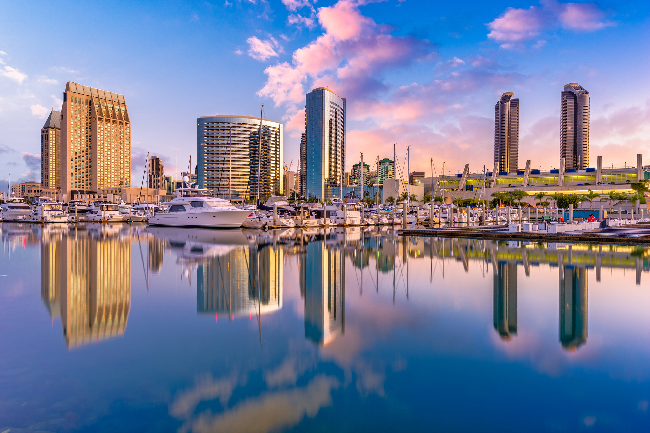 San Diego skyline reflected in the water, showcasing the stunning cityscape.