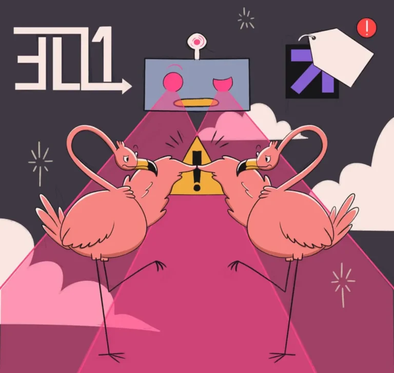 Illustration of two pink flamingos facing each other on a pink triangular path with a yellow warning sign between them, while a robot above projects lasers toward the warning symbol. Surrounding elements include stylized clouds, icons, and a "301 redirect" symbol.