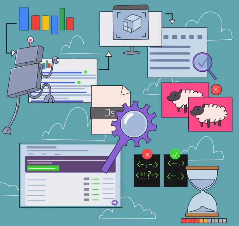 Illustrated SEO audit concept featuring a robot crawling search results, JavaScript analysis with a gear and magnifying glass, content duplication with sheep icons, HTML validation indicators, performance timing hourglass, and various data charts and page elements.