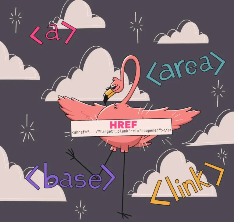 Cartoon flamingo holding HTML anchor tag code snippet surrounded by colorful HTML tags like , , , and , symbolizing hyperlink elements in web development.