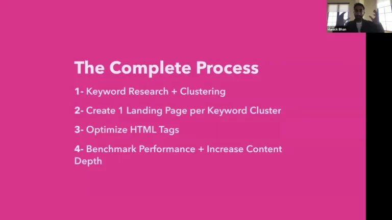 A pink slide titled "The Complete Process" lists four SEO steps; a person is seen in a small video call window in the top right corner.
