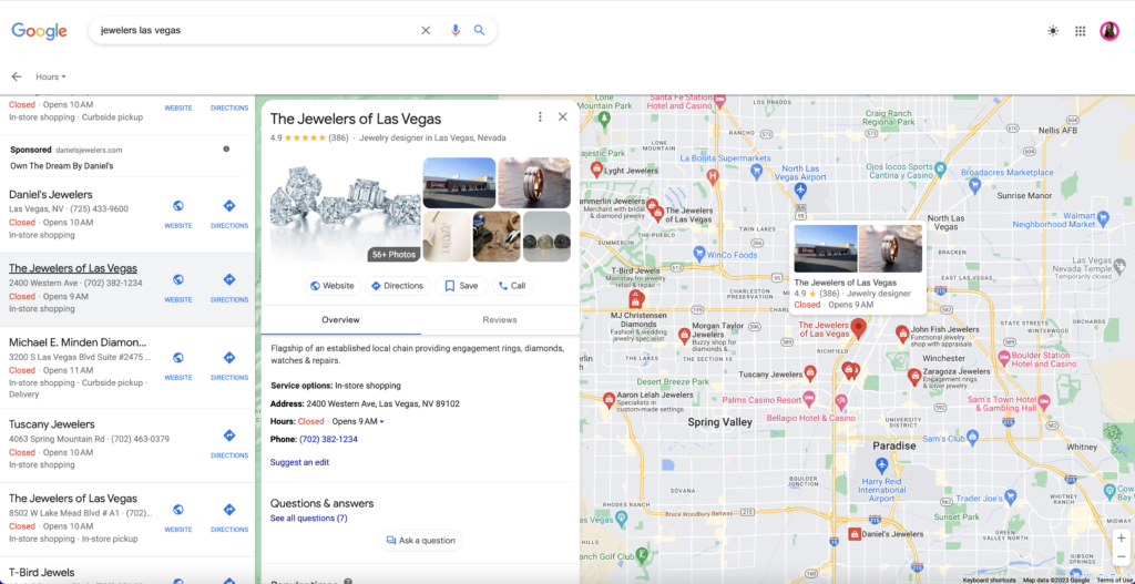 Local map Pack results for the keyword "jewelers las vegas"