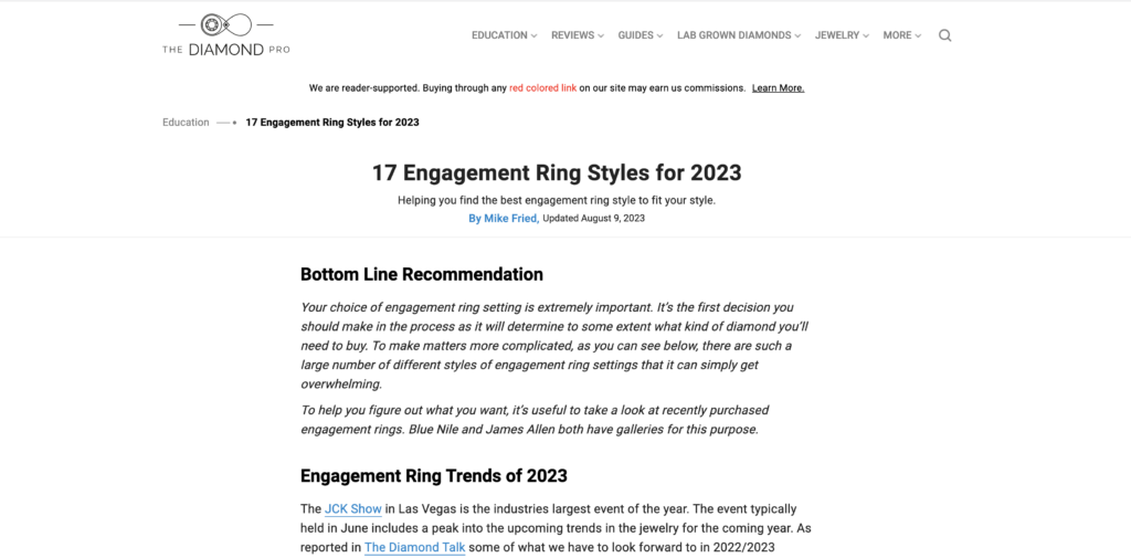 Screenshot of a blog post on the Diamond Pro website with the title 19 engagement ring styles for 2023