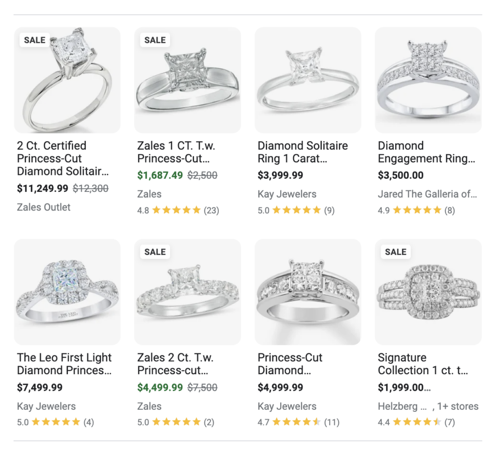 screenshot of product schema results for the keyword "diamond engagement rings"