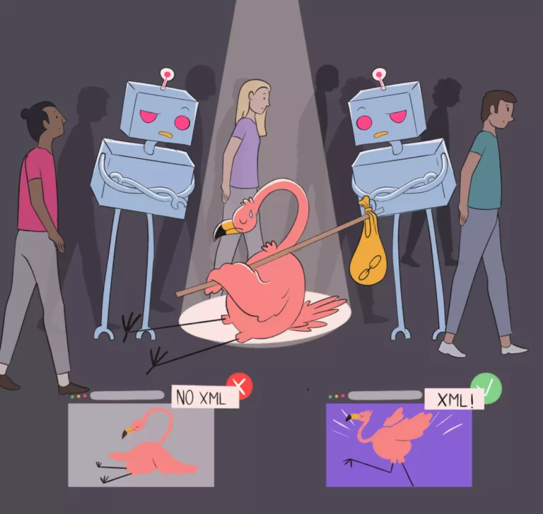 Illustration showing a sad flamingo sitting under a spotlight, ignored by robot crawlers and people, representing a website without an XML sitemap. Below, a comparison shows a disabled flamingo icon labeled "NO XML" and a running flamingo labeled "XML!" to highlight the importance of submitting a sitemap for proper indexing.