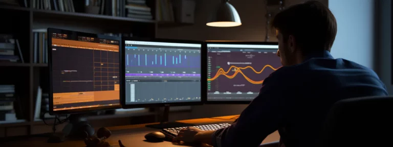 Man working at a desk with three large monitors displaying various types of data visualizations and charts in a dimly lit office environment.